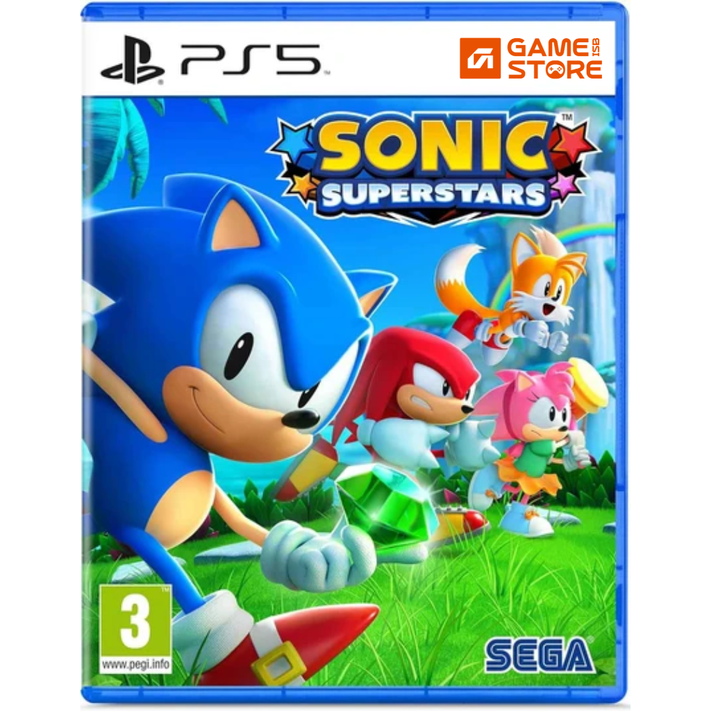 Sonic Superstars ps5 game case cover for PlayStation 5 showing Sonic, Tails, Knuckles and Amy