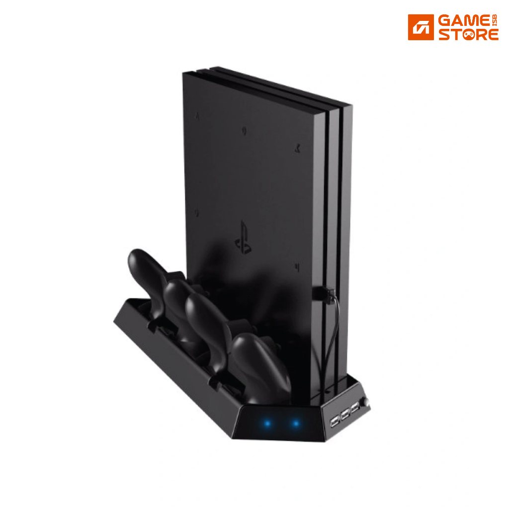 PS4 Slim vertical stand with two DualShock 4 controllers charging