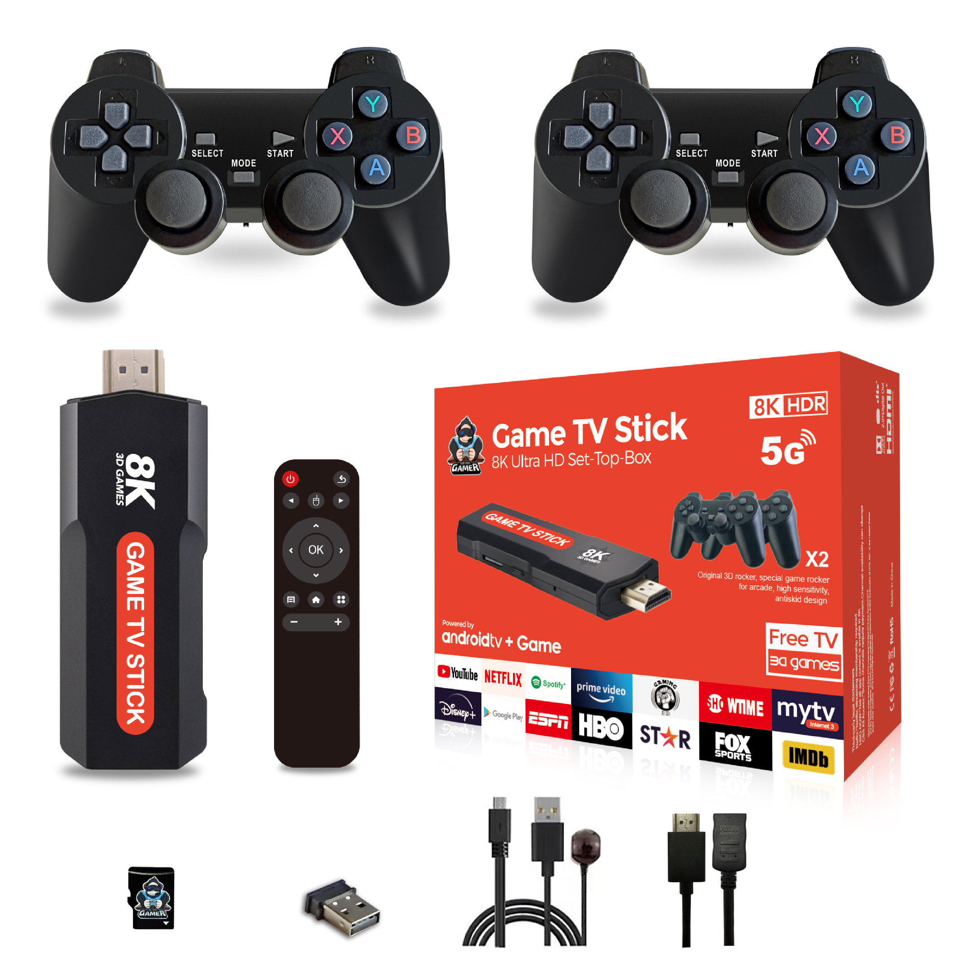 Game Tv Stick 8k Ultra HD Set Top Box With Dual Wireless Controller, HDR, 8K Retro Video Games, 10000 Plus Games, Android Game Console