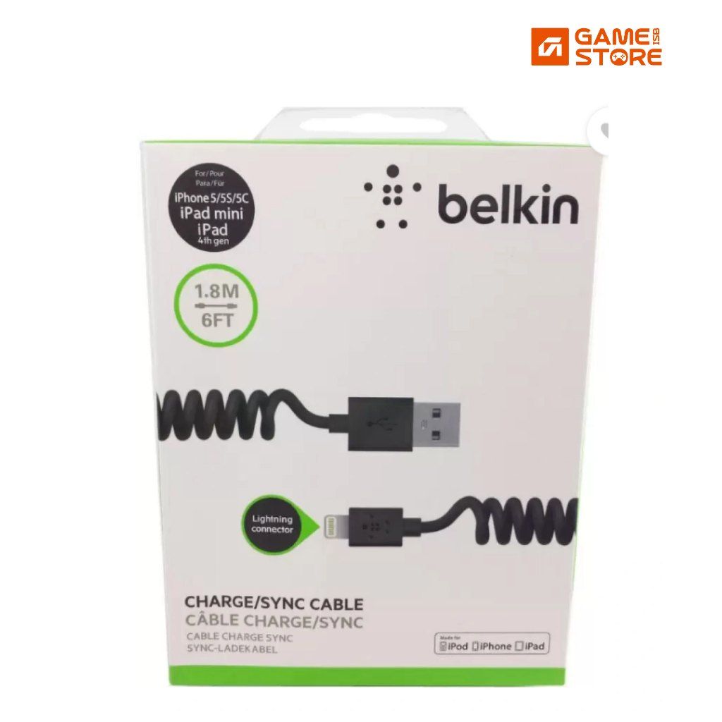 Belkin Lightning Cable 1.8M spring coiled front view black