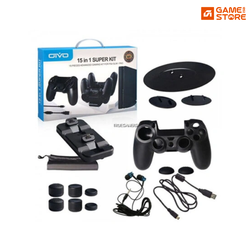 OTVO 15 in 1 Super Gaming Kit for PS4 Slim Pro with charging dock, stand and earphones laid out, ps4 accessories price in pakistan