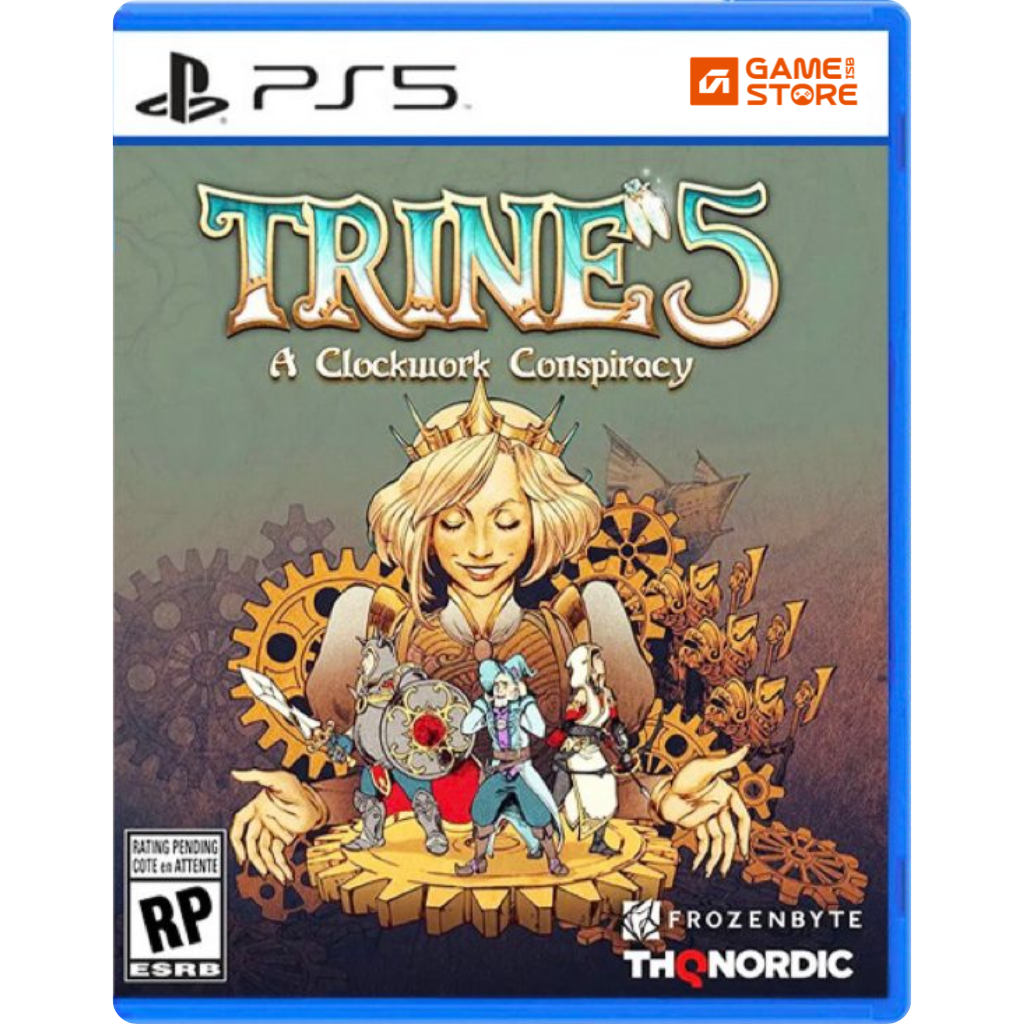 Trine 5 A Clockwork Conspiracy PS5 game case cover, a PS5 adventure game with fantasy heroes