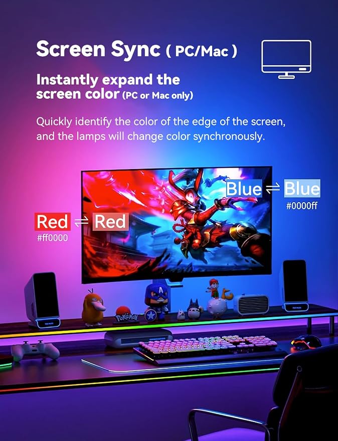Monitor LED Backlights for PC & Mac, LED Strip Light Sync with Screen Color/Music, Computer Light Bar Behind Screen, LEDs for Desk Gaming, USB Port,Software Control, G100 (4-Side 24inch)