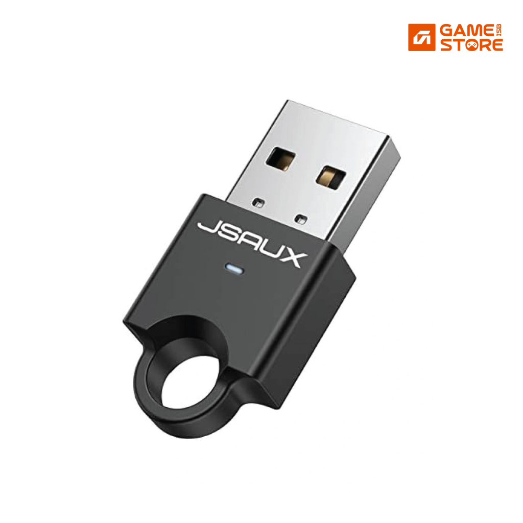 JSAUX USB Bluetooth 4.0 Adapter plugged into a laptop USB port, a USB Bluetooth dongle for PC