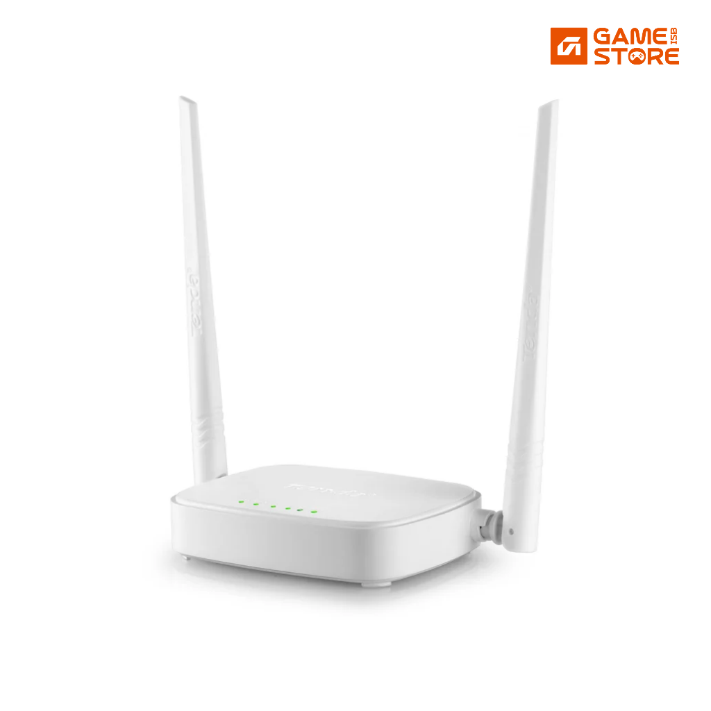 Tenda N301 N300 wireless router front view with two antennas and status lights