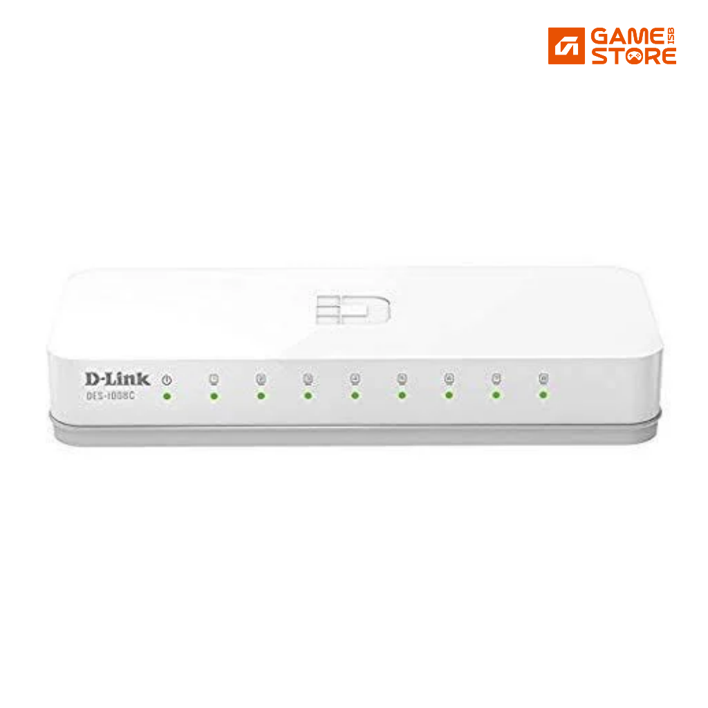 D-Link DES-1008C 8-port 10/100 Ethernet switch with LAN cables connected to its ports
