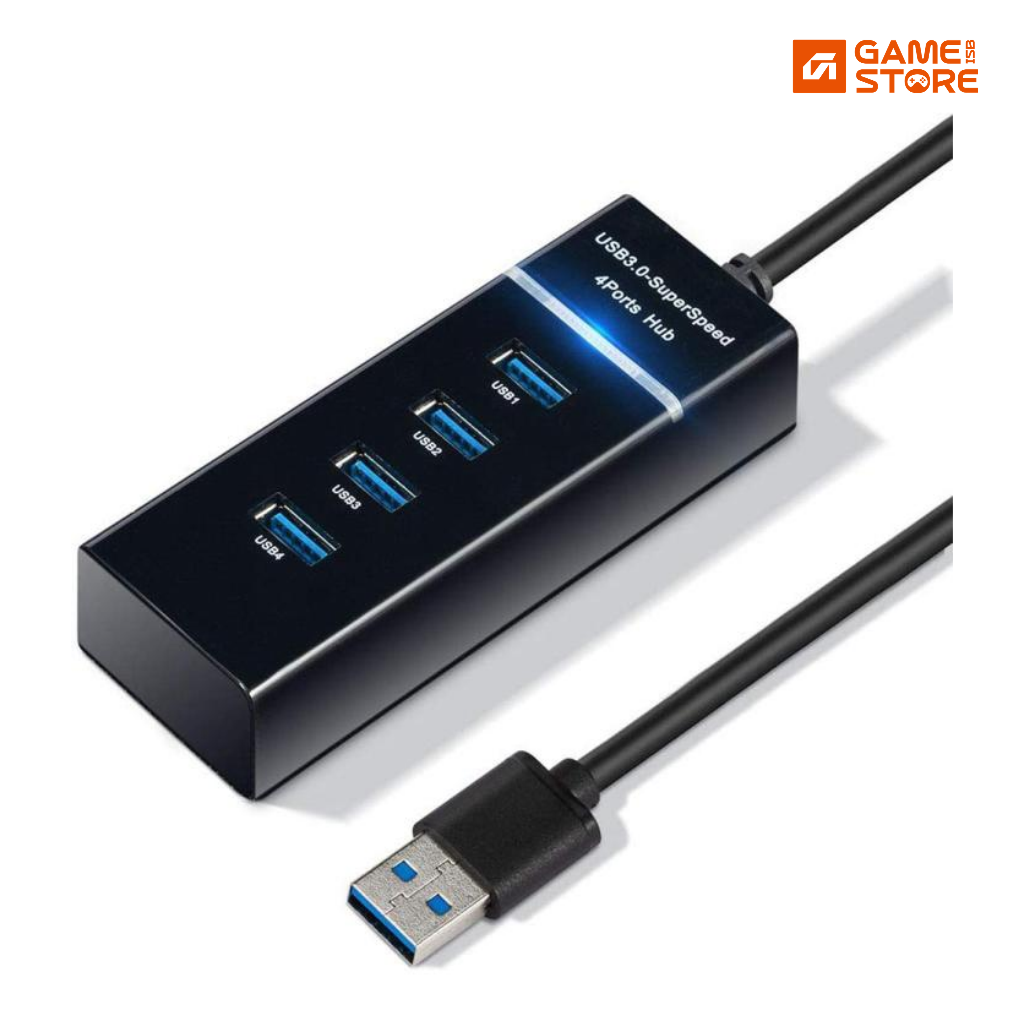 4-Port USB 3.0 Hub with four USB ports and a connecting cable on a desk